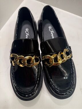 Forever Black Patent Loafers with Gold Chain Accent